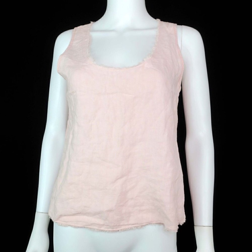 Krisa Pink Linen Sleeveless Top Raw Hem Scoop Neck Lagenlook Women's Small